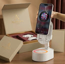Caixa de som 5 em 1 branca com amplificação de áudio por indução, conectividade Bluetooth, suporte ajustável para celular e iluminação RGB colorida.
