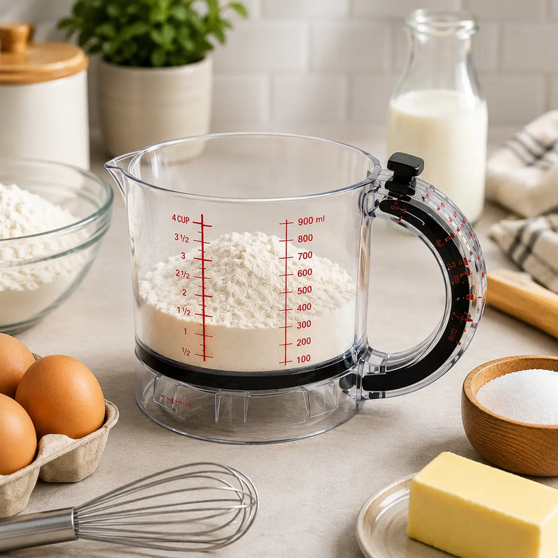 Copo medidor ajustável 4 em 1 transparente para medir farinha, açúcar, líquidos e ingredientes culinários com precisão.