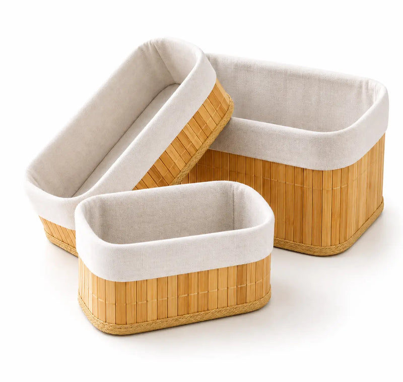 Kit com 3 cestos organizadores de bambu com forro, em diferentes tamanhos, para organização de banheiro, quarto e casa.