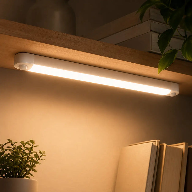 Luminária LED inteligente com sensor de movimento instalada em armário, cozinha e corredor iluminando automaticamente ambientes internos.