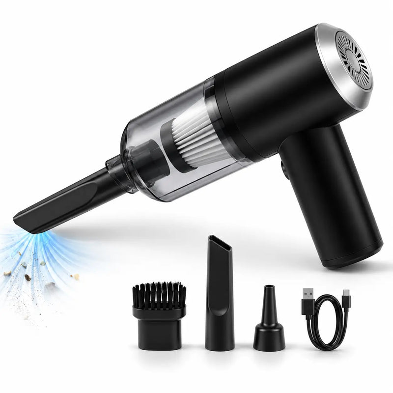 Mini aspirador portátil sem fio utilizado para limpar bancos, cantos e superfícies de difícil acesso.