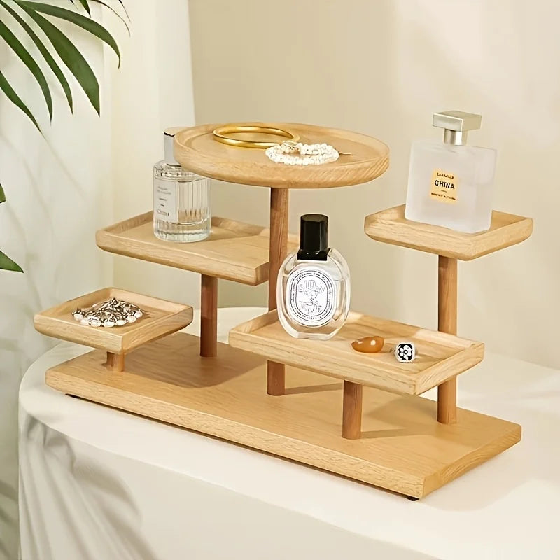 Organizador expositor de madeira disponível em versões de 3 e 5 andares para perfumes, cosméticos, joias e decoração.