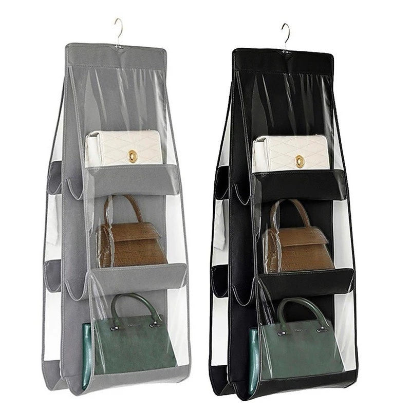 Organizador suspenso para bolsas com cabide e compartimentos individuais para organização no guarda-roupa.