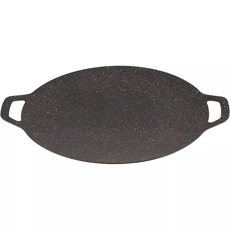 Panela Coreana Grill Redonda Antiaderente para churrasco coreano preparando carnes, camarões, legumes e hambúrgueres em superfície antiaderente fácil de limpar.