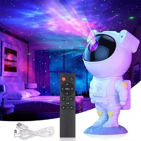 Projetor astronauta com luz LED projetando estrelas e nebulosas coloridas no ambiente