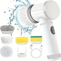 Escova elétrica giratória 5 em 1 com cabeças intercambiáveis para limpeza de cozinhas, banheiros, pisos e azulejos.
