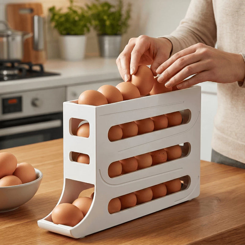 Porta Ovos Organizador 4 Andares para Geladeira – Suporte Rolante para 20 a 30 Ovos.